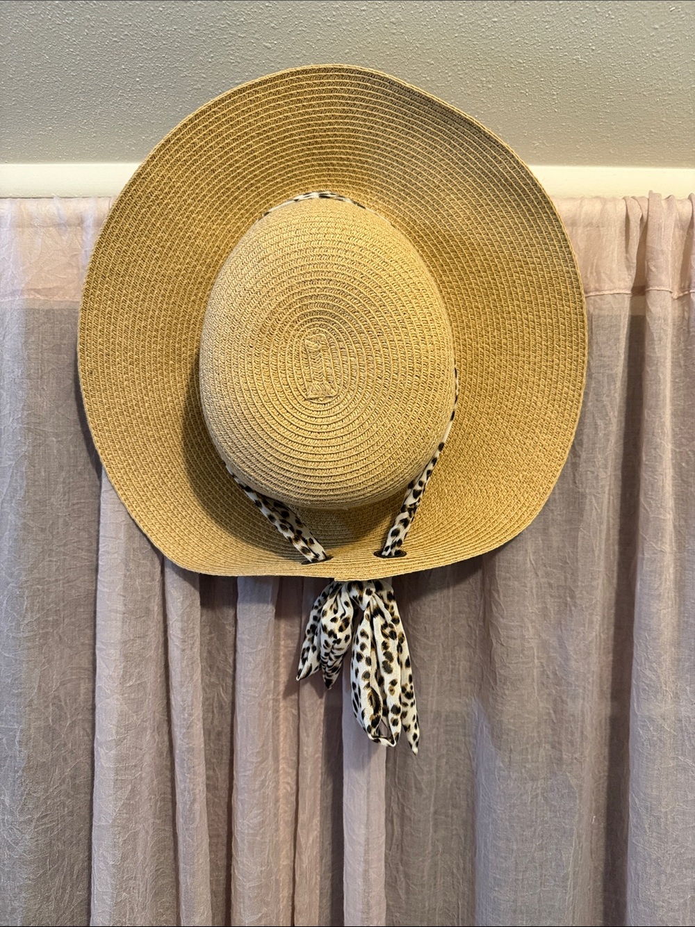 Nine West Wide Brim Straw Sun Hat with Leopard Scarf